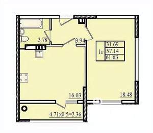 1-к квартира, вторичка, 45м2, 6/8 этаж