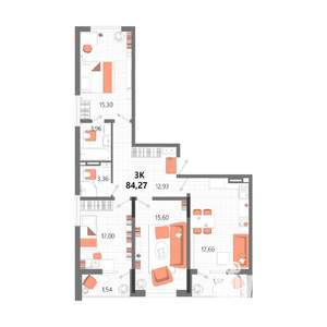 3-к квартира, строящийся дом, 84м2, 9/13 этаж