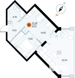 1-к квартира, строящийся дом, 57м2, 2/9 этаж