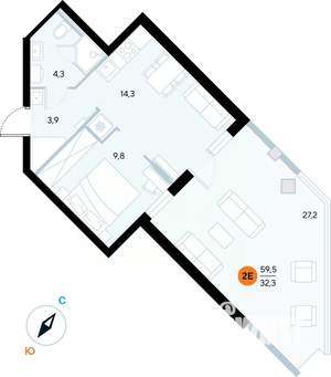 1-к квартира, строящийся дом, 59м2, 1/7 этаж