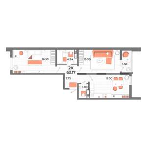 2-к квартира, строящийся дом, 60м2, 12/13 этаж