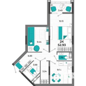 2-к квартира, вторичка, 53м2, 6/13 этаж