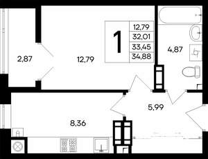 1-к квартира, строящийся дом, 35м2, 2/8 этаж