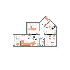 2-к квартира, строящийся дом, 50м2, 6/13 этаж