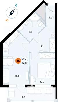1-к квартира, строящийся дом, 51м2, 4/7 этаж