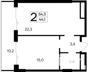 2-к квартира, строящийся дом, 54м2, 6/12 этаж