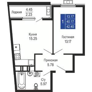 1-к квартира, строящийся дом, 42м2, 7/14 этаж