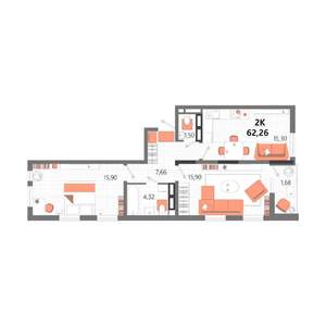 2-к квартира, вторичка, 62м2, 13/13 этаж