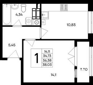1-к квартира, строящийся дом, 38м2, 4/9 этаж