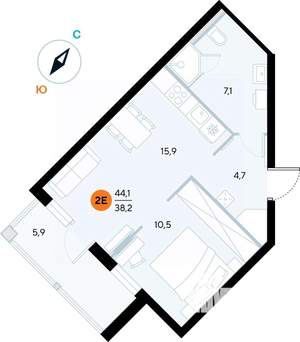 1-к квартира, строящийся дом, 43м2, 5/7 этаж