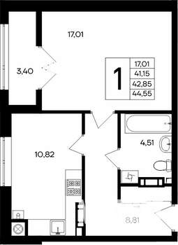 1-к квартира, строящийся дом, 44м2, 5/8 этаж