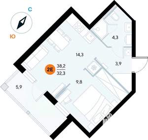 1-к квартира, строящийся дом, 38м2, 6/7 этаж