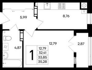 1-к квартира, строящийся дом, 35м2, 4/8 этаж