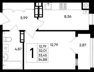 1-к квартира, строящийся дом, 35м2, 6/8 этаж