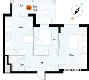 2-к квартира, строящийся дом, 59м2, 3/7 этаж