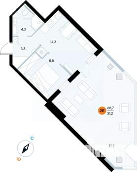 1-к квартира, строящийся дом, 68м2, 1/7 этаж