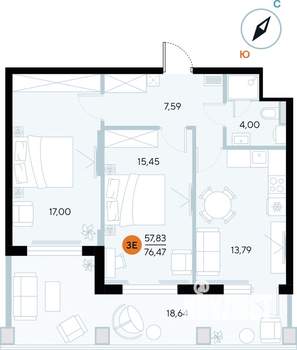 2-к квартира, строящийся дом, 76м2, 2/9 этаж