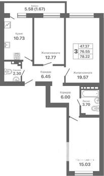 3-к квартира, строящийся дом, 78м2, 8/8 этаж