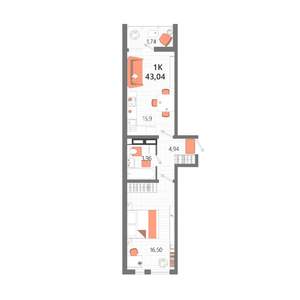 1-к квартира, вторичка, 43м2, 6/13 этаж