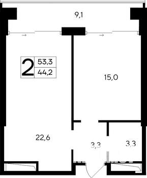 2-к квартира, строящийся дом, 53м2, 9/12 этаж