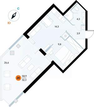 1-к квартира, строящийся дом, 59м2, 1/7 этаж