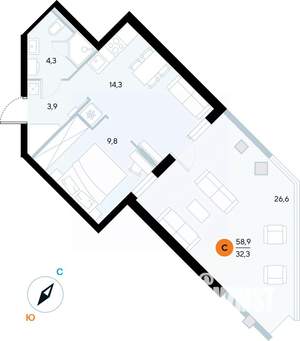 1-к квартира, строящийся дом, 59м2, 1/7 этаж