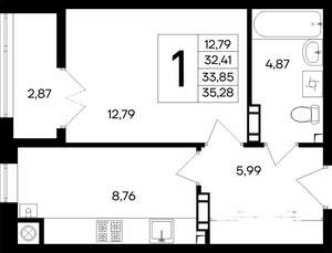 1-к квартира, строящийся дом, 35м2, 1/8 этаж