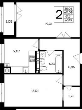 2-к квартира, строящийся дом, 63м2, 2/9 этаж