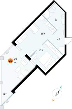 1-к квартира, строящийся дом, 58м2, 2/7 этаж