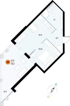 1-к квартира, строящийся дом, 58м2, 2/7 этаж