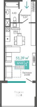 1-к квартира, строящийся дом, 51м2, 4/9 этаж