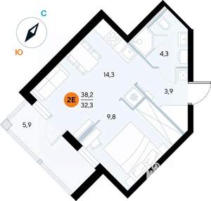 1-к квартира, строящийся дом, 38м2, 5/7 этаж