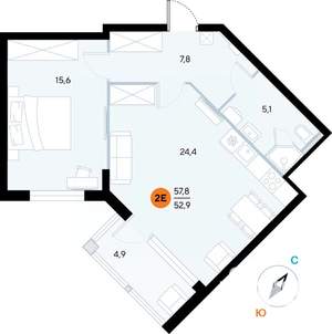 1-к квартира, строящийся дом, 57м2, 4/7 этаж