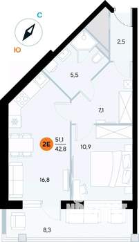 1-к квартира, строящийся дом, 50м2, 1/7 этаж