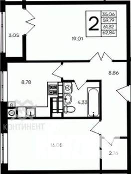 2-к квартира, вторичка, 63м2, 5/7 этаж