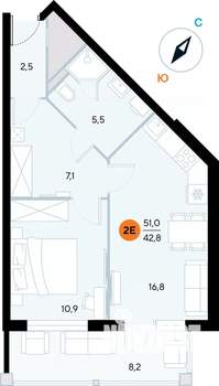 1-к квартира, строящийся дом, 51м2, 5/7 этаж