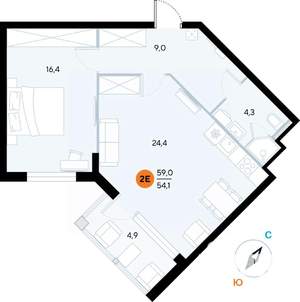 1-к квартира, строящийся дом, 59м2, 6/7 этаж