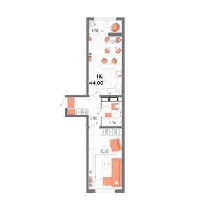 1-к квартира, строящийся дом, 44м2, 8/13 этаж