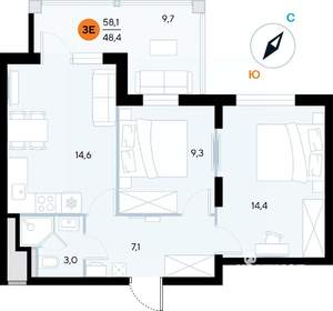 2-к квартира, строящийся дом, 58м2, 2/7 этаж
