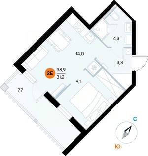 1-к квартира, строящийся дом, 38м2, 6/7 этаж