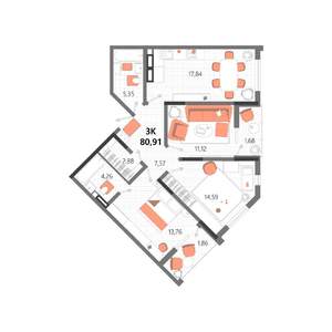 3-к квартира, строящийся дом, 81м2, 6/13 этаж