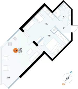 1-к квартира, строящийся дом, 59м2, 1/7 этаж