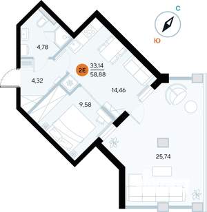 1-к квартира, строящийся дом, 59м2, 2/9 этаж