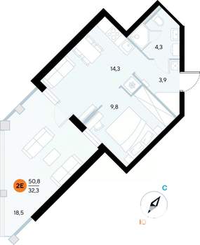 1-к квартира, строящийся дом, 50м2, 3/7 этаж
