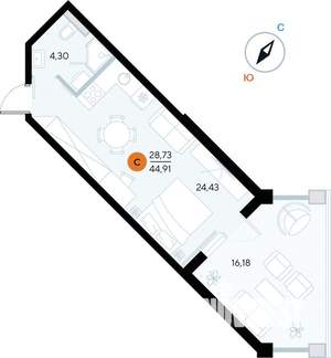 Студия квартира, строящийся дом, 45м2, 2/7 этаж