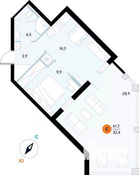 1-к квартира, строящийся дом, 61м2, 2/7 этаж