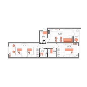 2-к квартира, вторичка, 64м2, 4/13 этаж