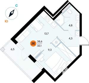 1-к квартира, строящийся дом, 38м2, 5/7 этаж