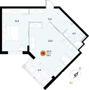 1-к квартира, строящийся дом, 59м2, 2/7 этаж