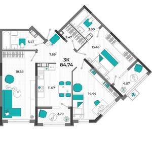 3-к квартира, вторичка, 85м2, 3/13 этаж